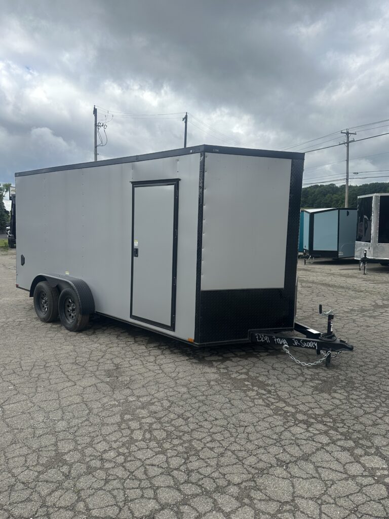Gray 7x16 enclosed cargo trailer on the Swarey Trailers lot